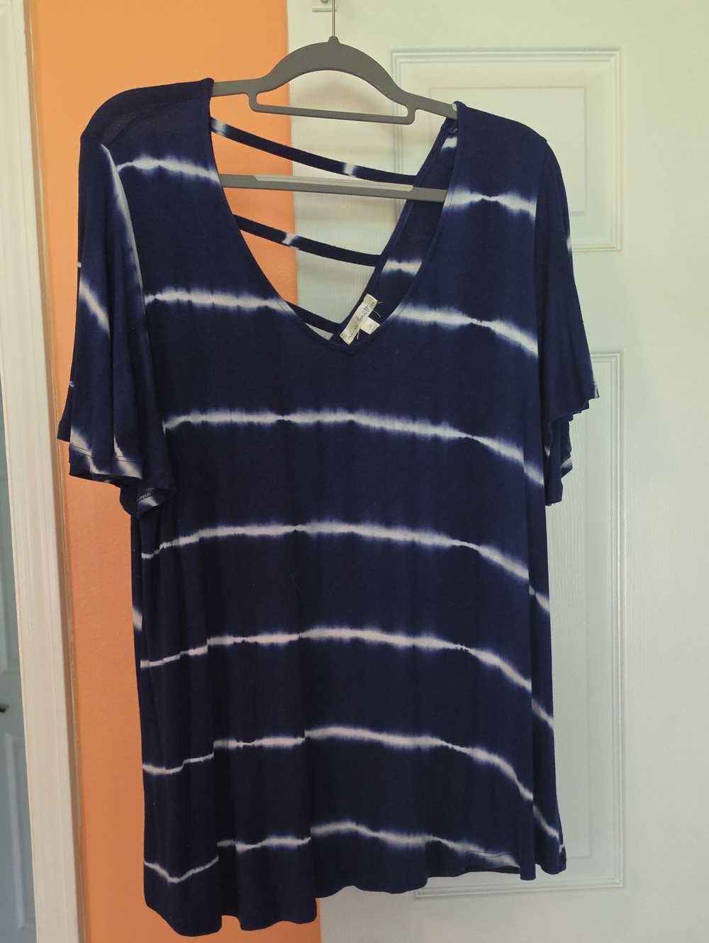 nine britton Navy and White Tie-Dye V-Neck Top with Strappy Back